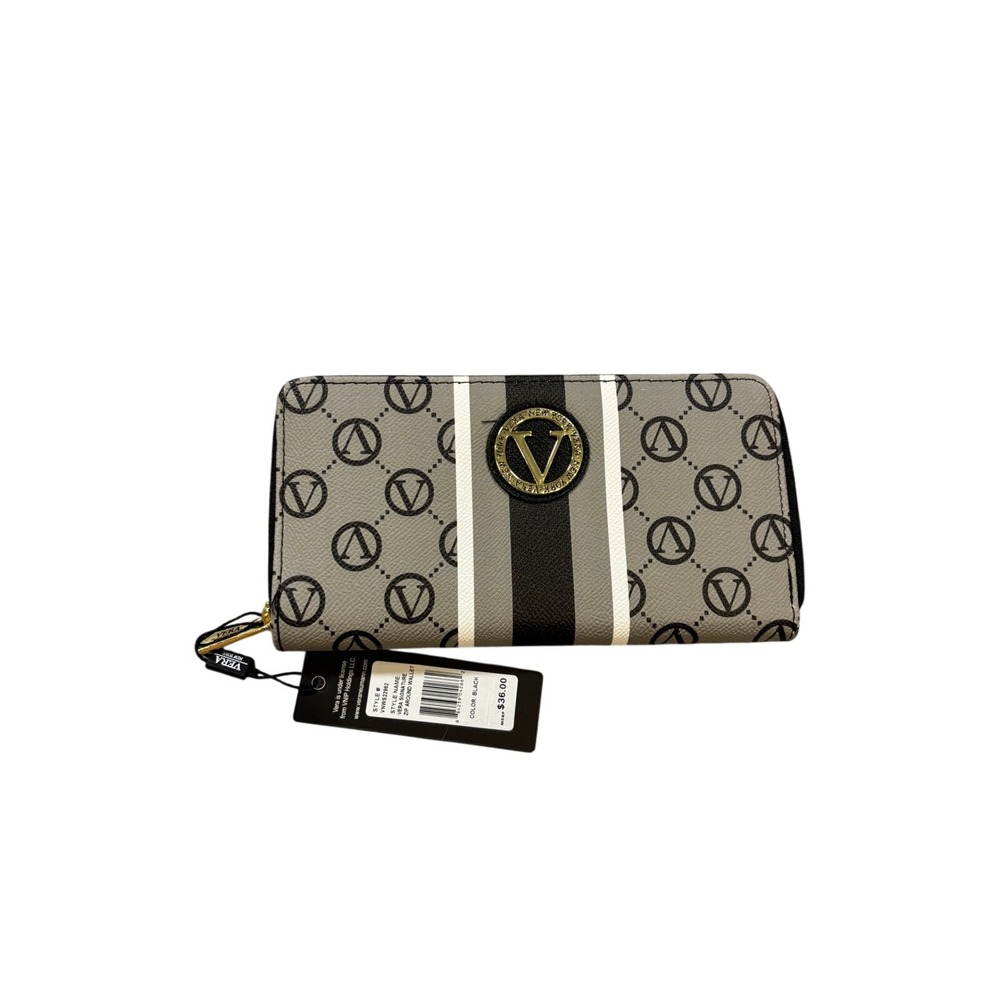 NWT Vera New York Signature Zip Around Wallet Gray Black Stripe Designer